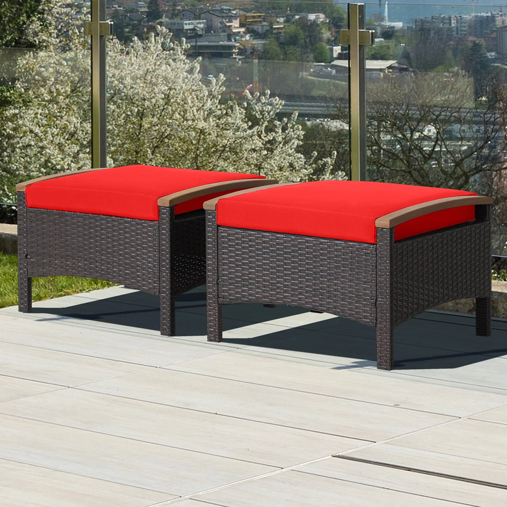 Costway Set Of 2 Patio Rattan Ottoman Footrests With Cushions, Mix Brown/Beige, 25 x 20 x 16 in