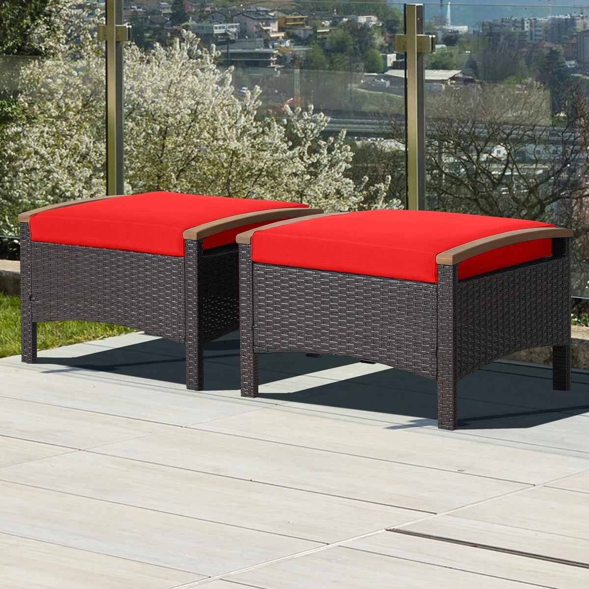 Costway Set Of 2 Patio Rattan Ottoman Footrests With Cushions, Mix Brown/Beige, 25 x 20 x 16 in