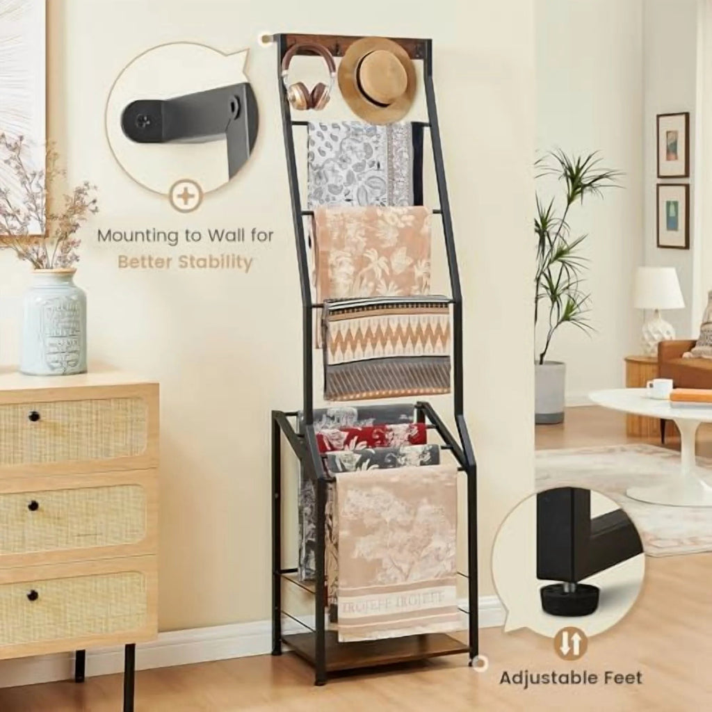 Pinzoveco 7-Tier Blanket Ladder Shelf With 4 Hooks, 5.5 ft / 18.1 x 12.6 x 66.2 in