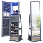 FREDEES Standing Jewelry Cabinet With Full-Length Mirror, Lights, Engineered Wood, Gray, 14 in D x 15 in W x 64 in H