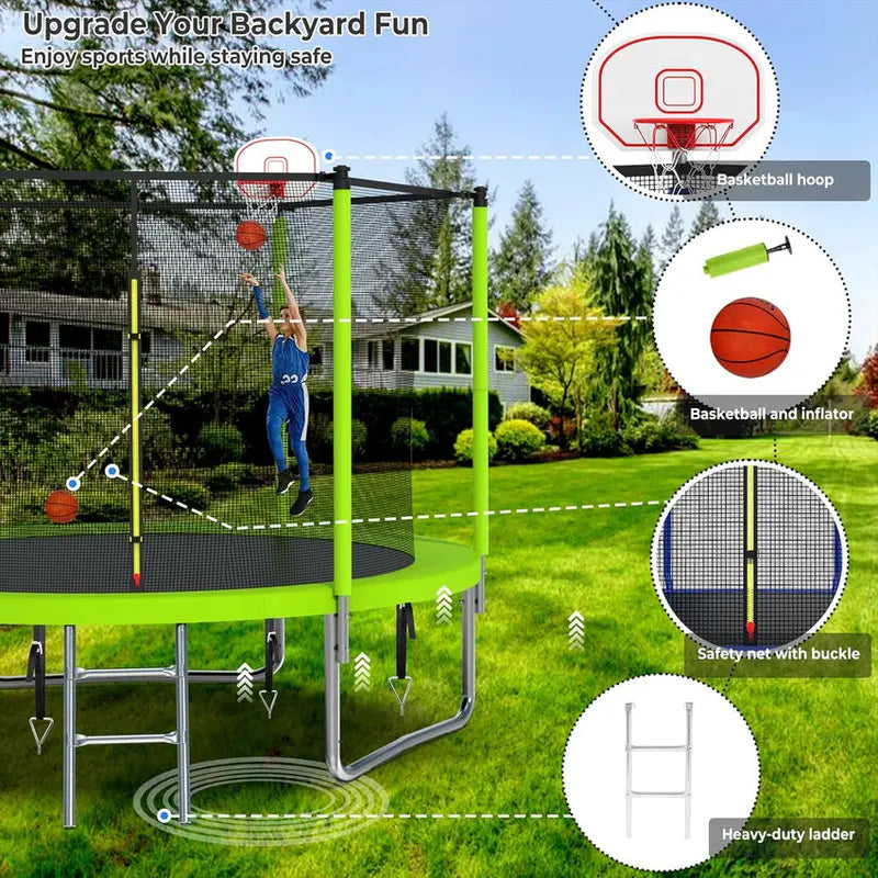 Trampoline With Enclosure Net And Adjustable Basketball Hoop - 8ft, 10ft, 12ft, 14ft, 15ft, 16ft