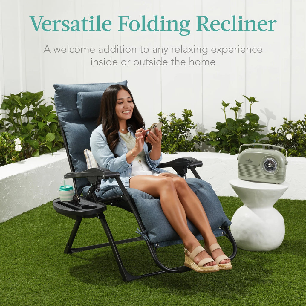 Best Choice Products Oversized Zero Gravity Folding Recliner With Removable Cushion And Side Tray - Fossil Gray
