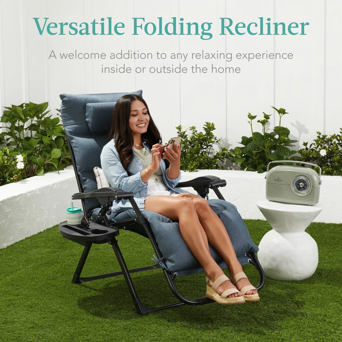 Best Choice Products Oversized Zero Gravity Folding Recliner With Removable Cushion And Side Tray - Fossil Gray