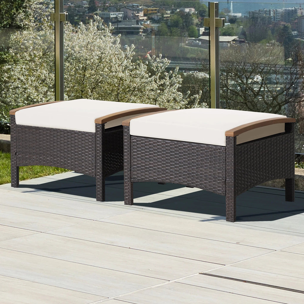 Costway Set Of 2 Patio Rattan Ottoman Footrests With Cushions, Mix Brown/Beige, 25 x 20 x 16 in