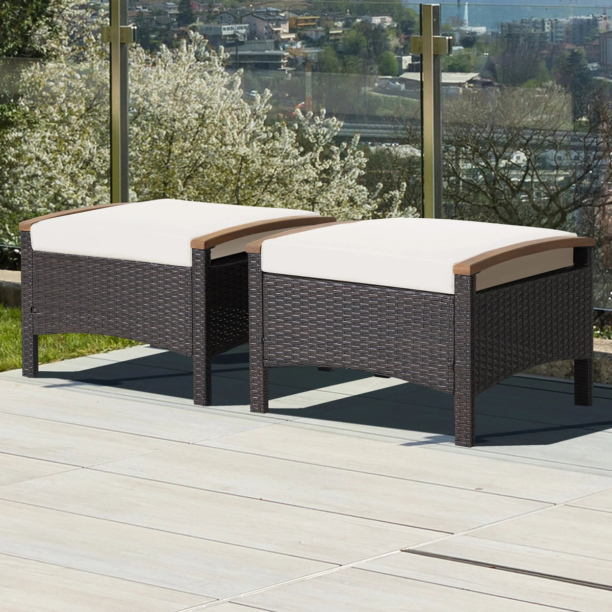 Costway Set Of 2 Patio Rattan Ottoman Footrests With Cushions, Mix Brown/Beige, 25 x 20 x 16 in