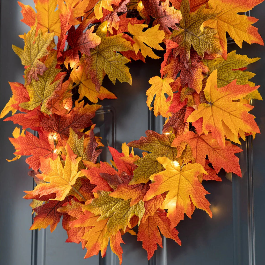 Thanksgiving LED Lighted Fall Maple Leaf Wreath And Garland, 24 in Wreath / 72 in Garland - 20 Clear Lights