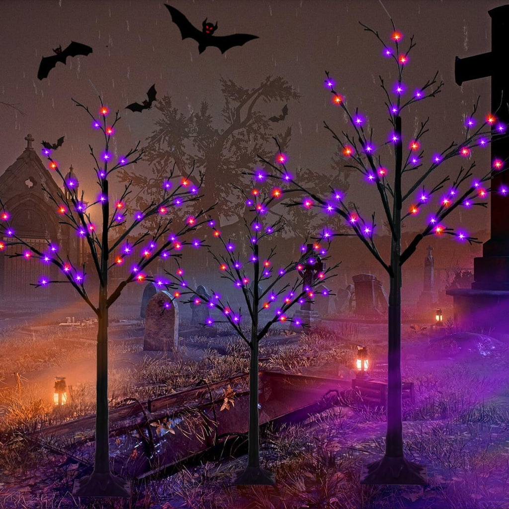 Albelt Lighted Black Halloween Trees, Set Of 3, 4FT 5FT 6FT, 96 LED Lights, Orange And Purple - GP-SW240DC0150T-IP44(US)