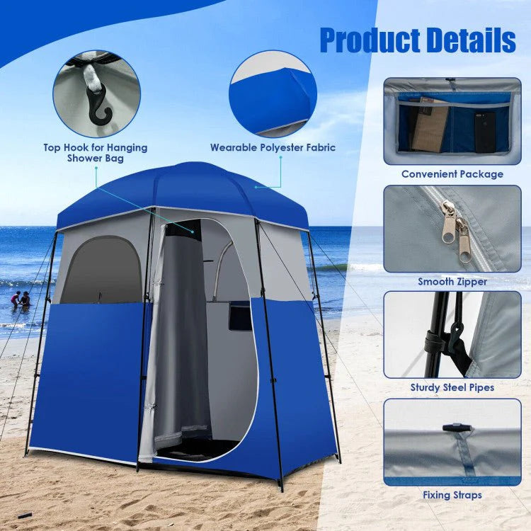 Double-Room Camping Privacy Shower Toilet Tent, Blue, 7ft x 3.5ft x 7ft - With Storage Bag