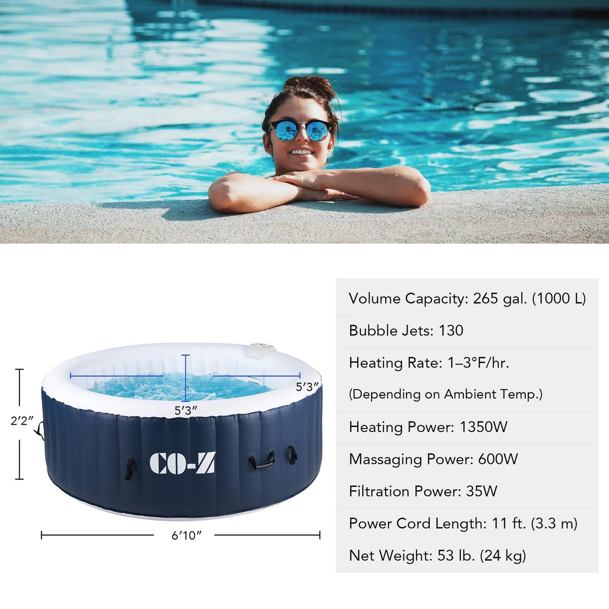 CO-Z PVC Square Inflatable Spa Tub, 5 x 5 ft, 4-Person, 120 Jets, Blue