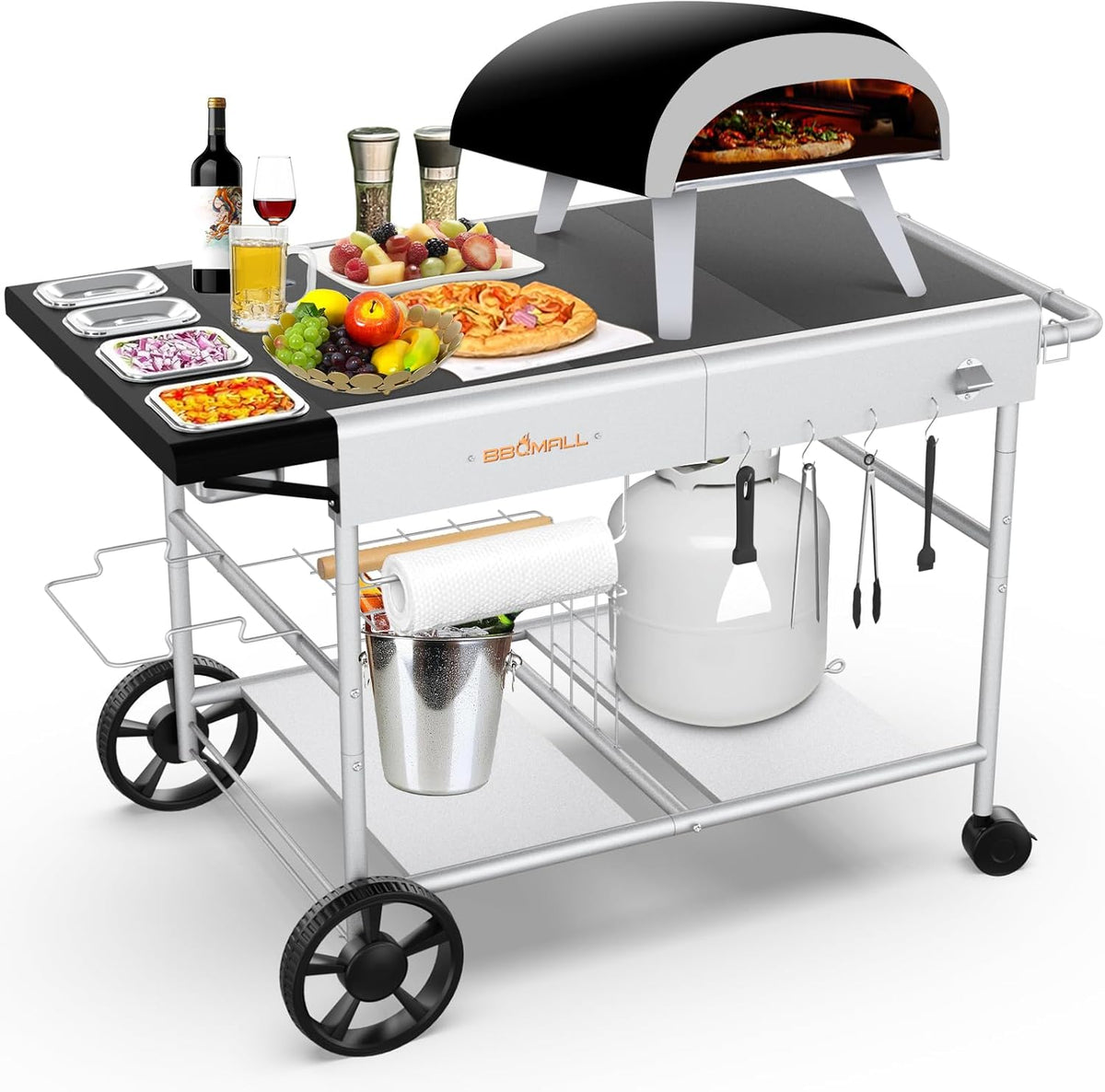 Pizza Oven Table Grill Cart With Pizza Topping Station, 25 W x 50.7 L x 31 H - Black