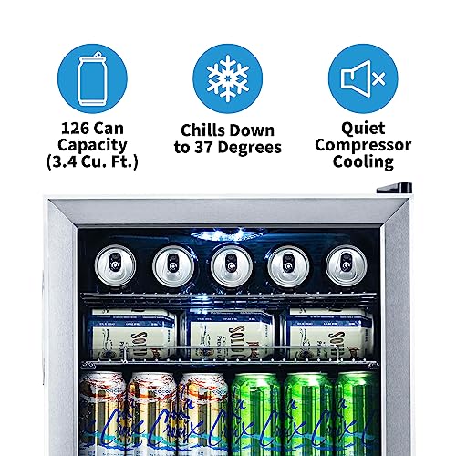 NewAir Beverage Refrigerator Cooler, 126 Cans, Stainless Steel, Right Hinge Glass Door - AB-1200