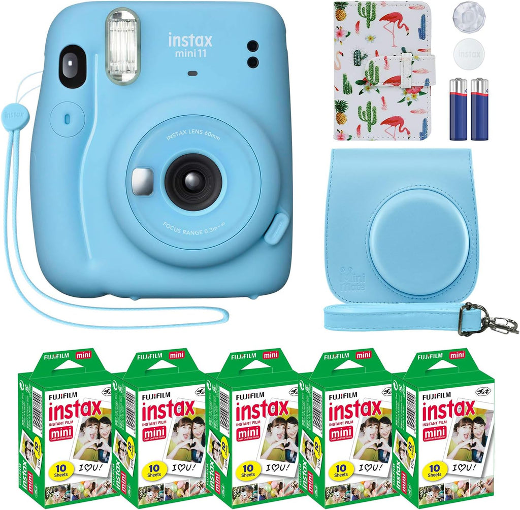 Fujifilm Instax Mini 11 Instant Camera Sky Blue With Case, 50 Sheets Film And Flamingo Photo Album