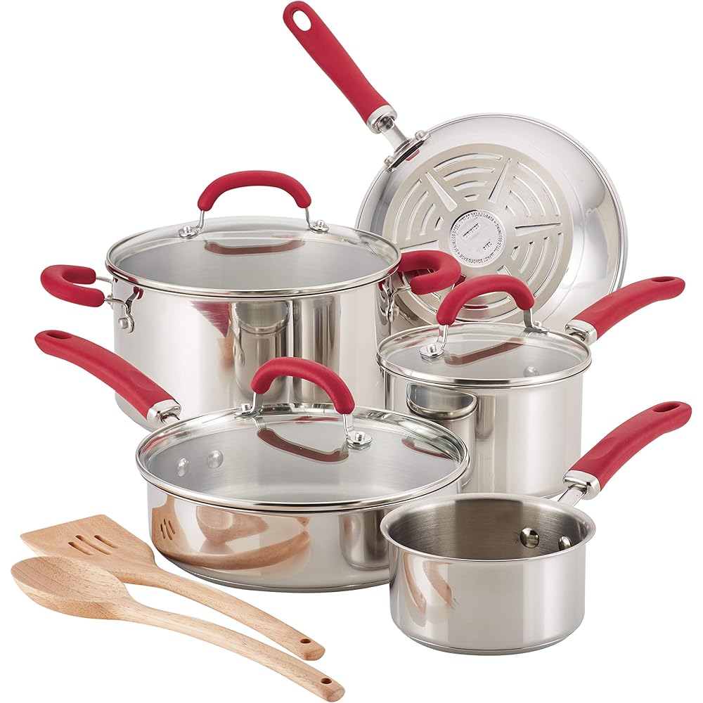 Rachael Ray Create Delicious Stainless Steel Cookware Set, 10-Piece, Red Handles - 70413