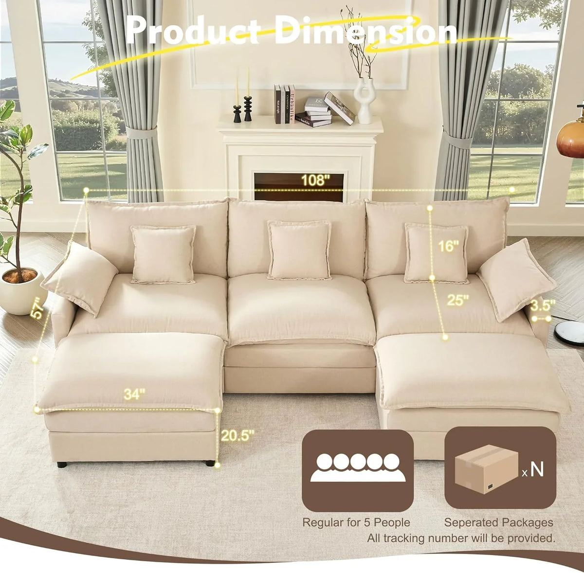 108 Inch U Shape Sectional Sofa With Removable Footstool