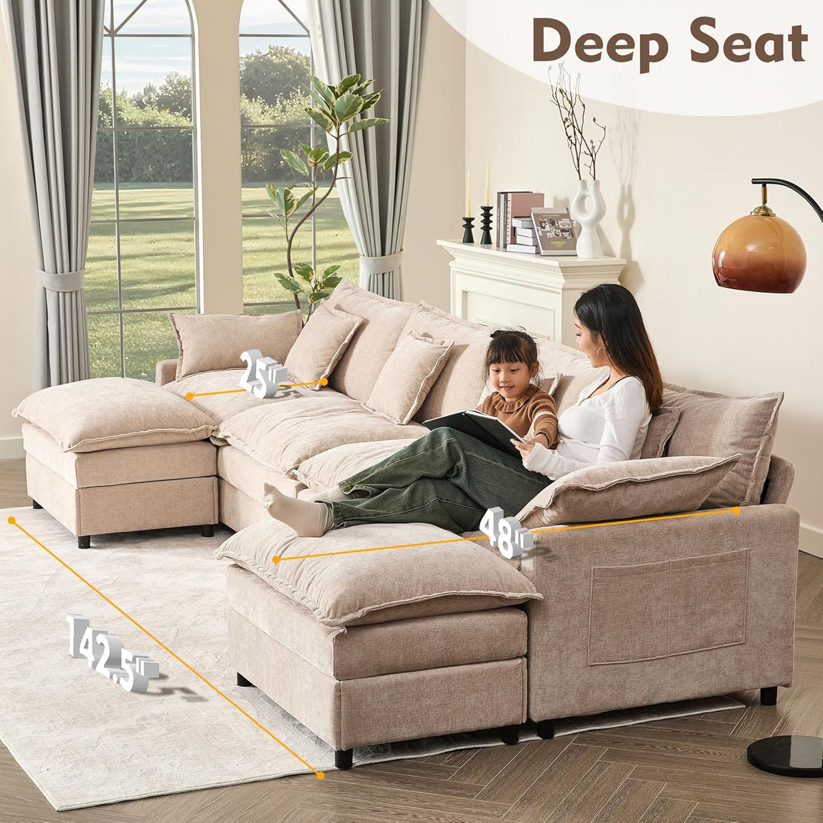 108 Inch U Shape Sectional Sofa With Removable Footstool
