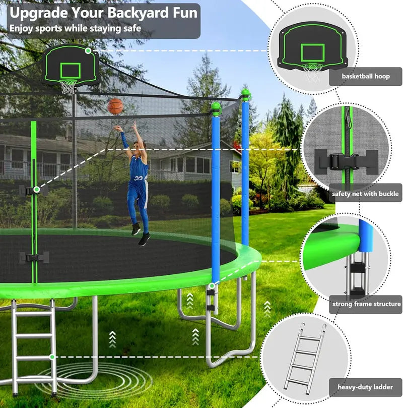 Trampoline With Enclosure Net And Adjustable Basketball Hoop - 8ft, 10ft, 12ft, 14ft, 15ft, 16ft