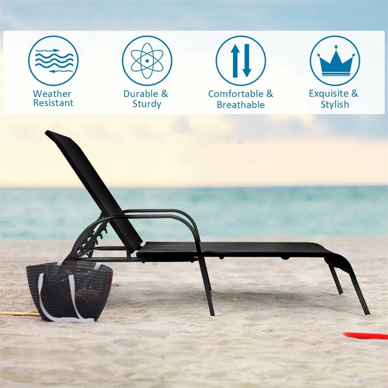 Fabric Folding Outdoor Chaise Lounge Chairs, 2 Pcs, 5 Position