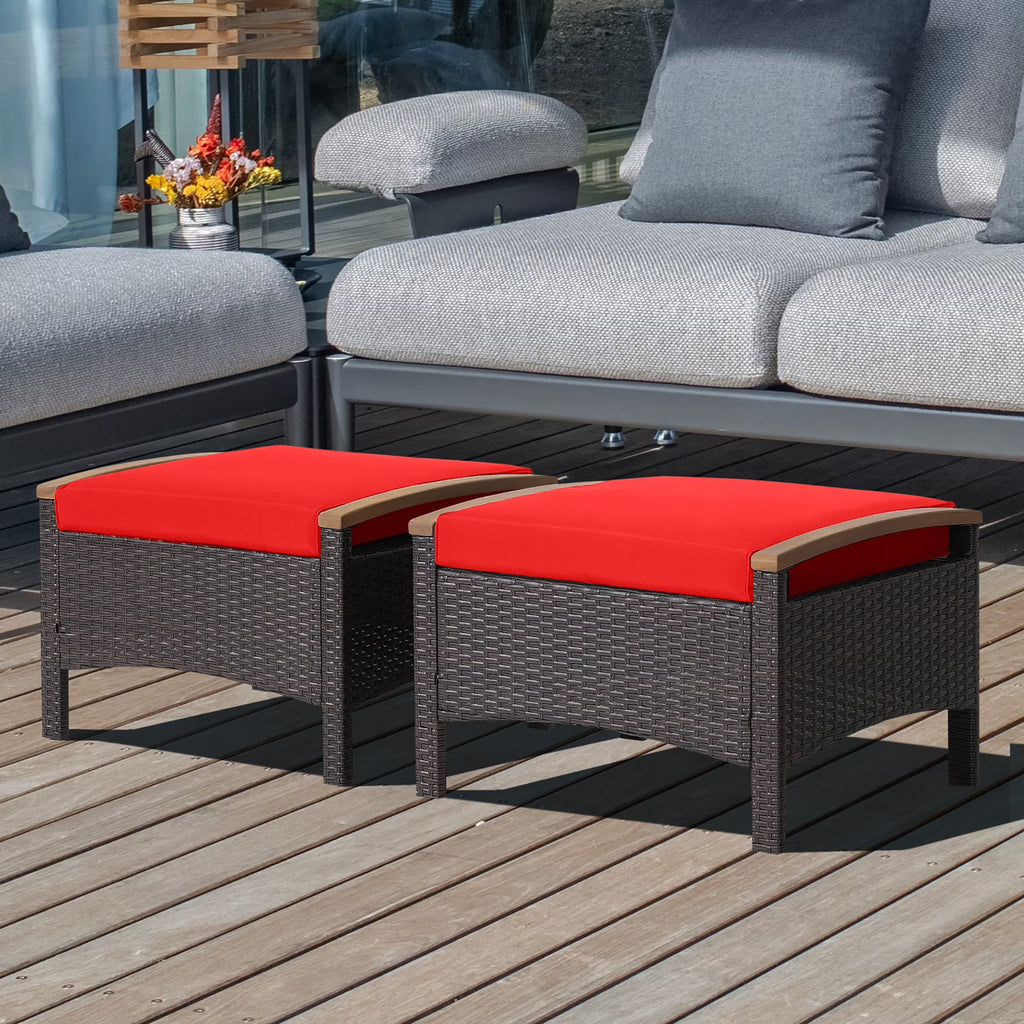 Costway Set Of 2 Patio Rattan Ottoman Footrests With Cushions, Mix Brown/Beige, 25 x 20 x 16 in