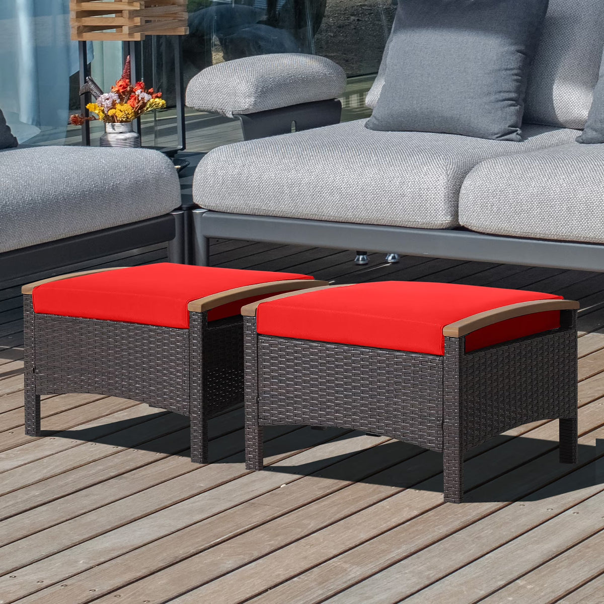Costway Set Of 2 Patio Rattan Ottoman Footrests With Cushions, Mix Brown/Beige, 25 x 20 x 16 in