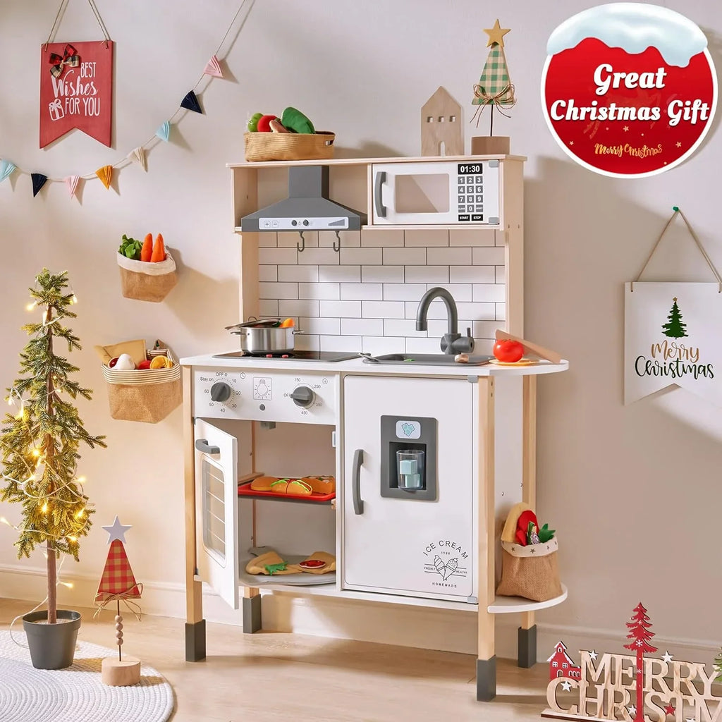 Tiny Land Wooden Children's Play Kitchen Set, White, 30.3 x 11.8 x 40 Inches