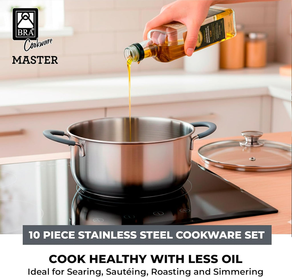 BRA COOKWARE 9-Piece Stainless Steel Cookware Set With Silicone-Coated Handles - Master