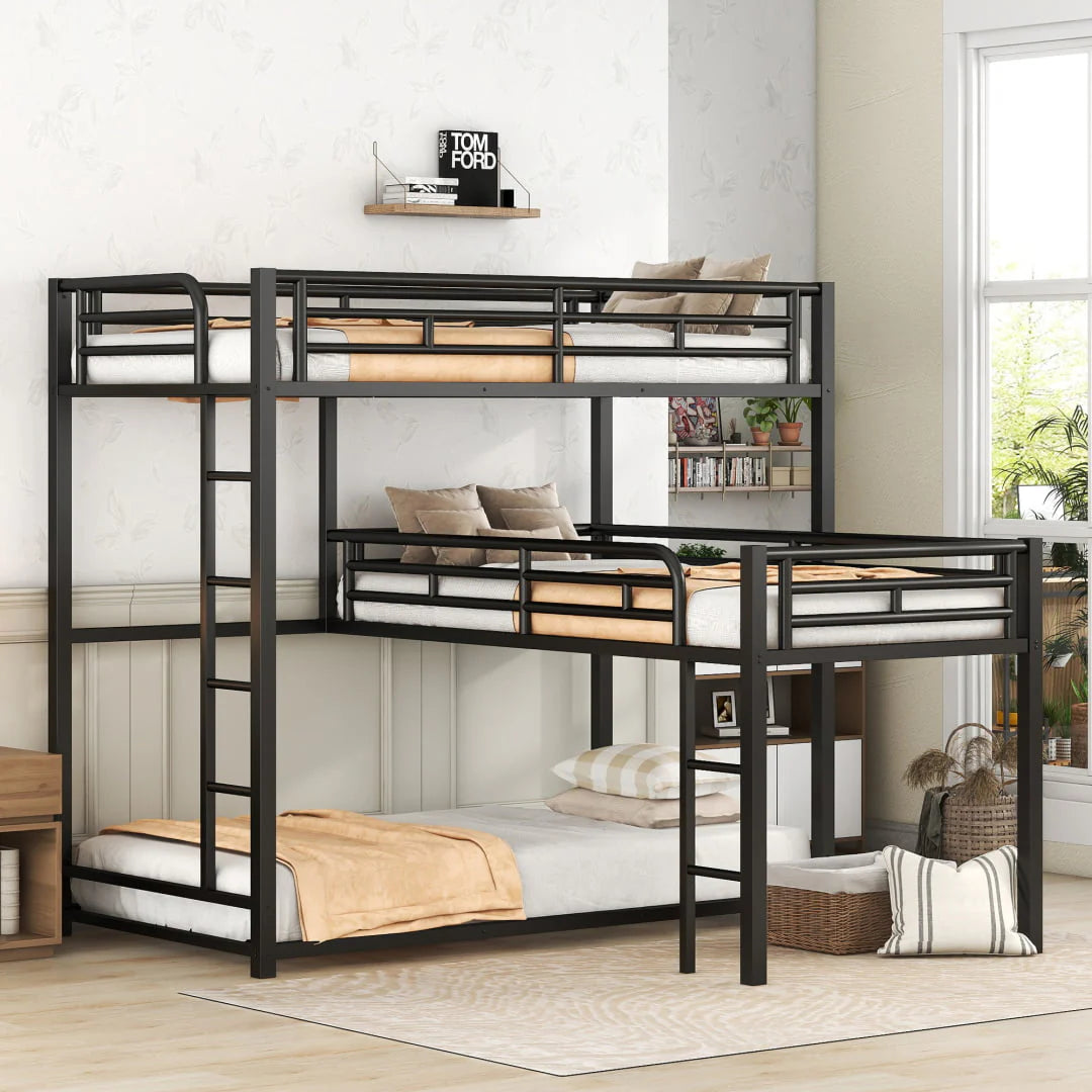 L-Shaped Metal Triple Twin Bunk Bed For 3, Black