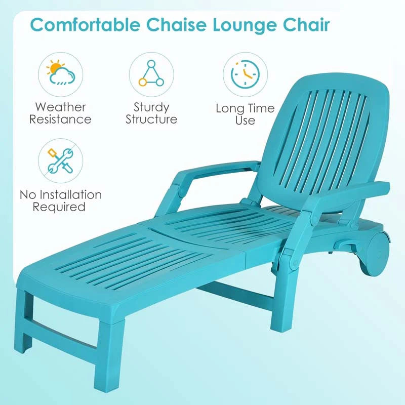 Folding Plastic Outdoor Chaise Lounge Chair With Wheels, 6-Position, 65.5 x 29 x 16.5-37 in, 330 lbs
