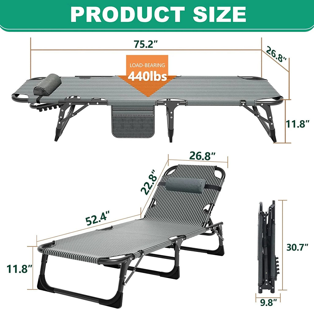 Slsy 5-Position Adjustable Folding Lounge Chair And Cot - 75.2" x 25.6" x 11.8"