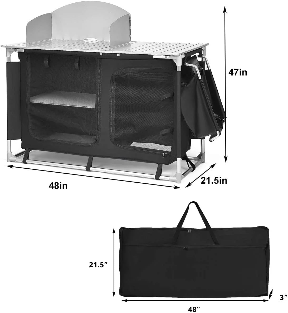 Treasual Portable Camping Kitchen Table, 48 Inch x 21.5 Inch, Windscreen And Storage Organizer
