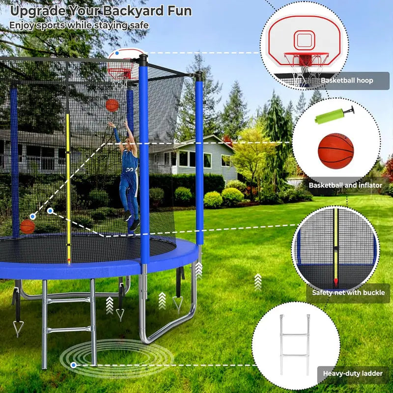 Trampoline With Enclosure Net And Adjustable Basketball Hoop - 8ft, 10ft, 12ft, 14ft, 15ft, 16ft