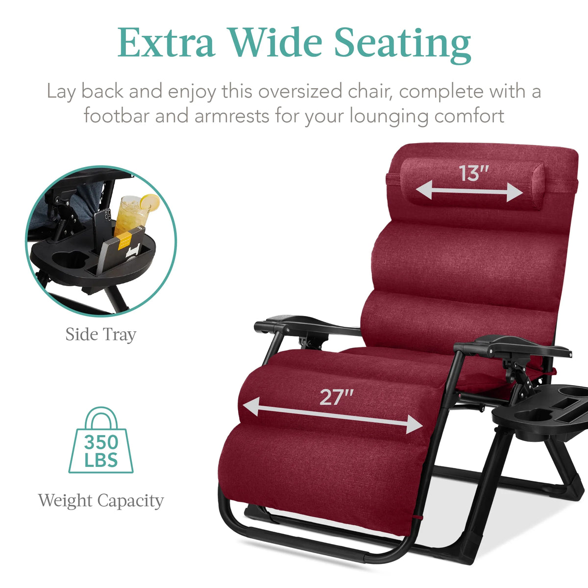 Best Choice Products Oversized Zero Gravity Folding Recliner With Removable Cushion And Side Tray - Fossil Gray