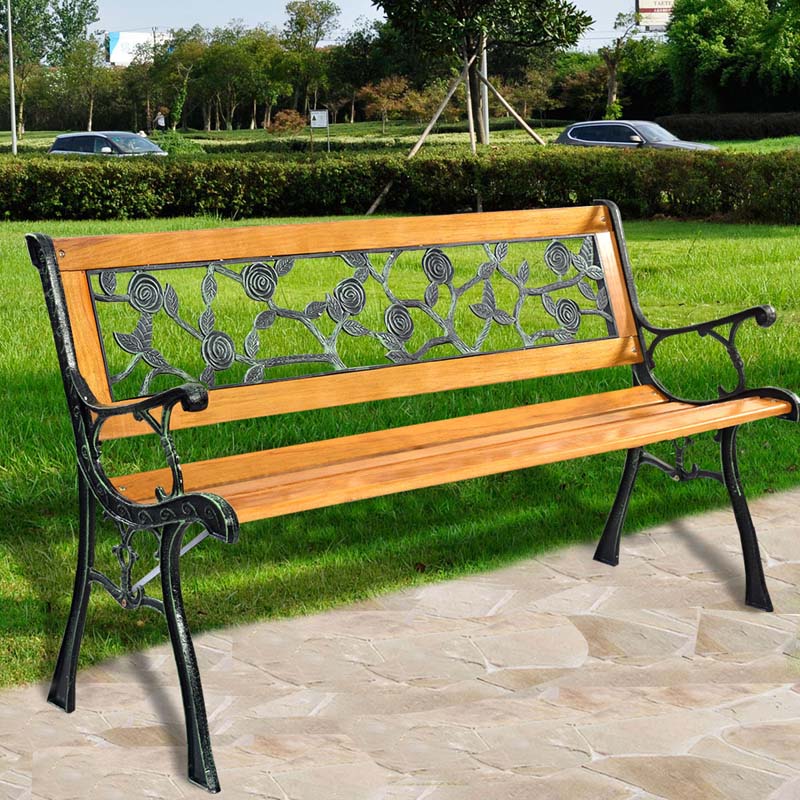Garden Park Bench, Cast Iron And Kembat Wood, Black And Natural, 49.5in x 20.5in x 29in