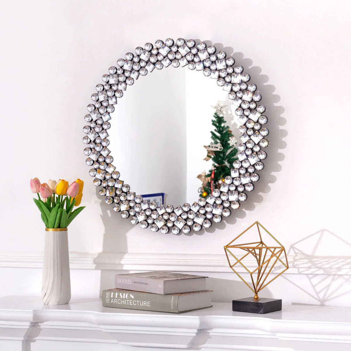 Round Crystal Accent Decorative Wall Mirror - 18/24/34 in