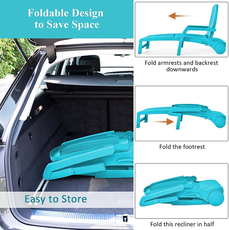 Folding Plastic Outdoor Chaise Lounge Chair With Wheels, 6-Position, 65.5 x 29 x 16.5-37 in, 330 lbs