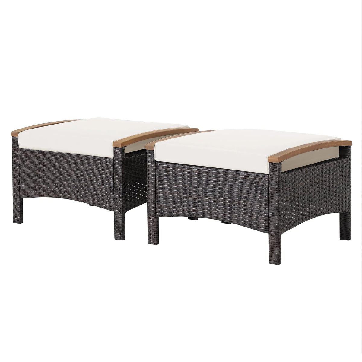 Costway Set Of 2 Patio Rattan Ottoman Footrests With Cushions, Mix Brown/Beige, 25 x 20 x 16 in