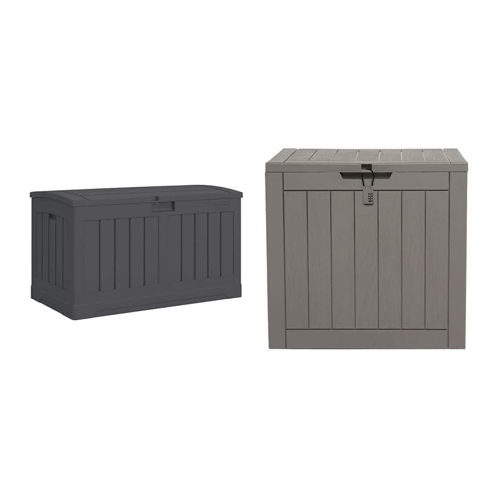 Suncast 50 Gallon Resin Outdoor Storage Deck Box, Peppercorn + EAST OAK 31 Gallon Storage Box, Grey