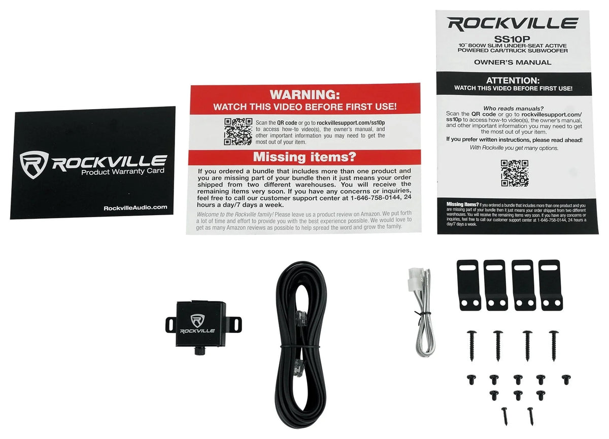 Rockville Slim Under-Seat Powered Car Subwoofer And Amp Installation Kit, 10in 800W - SS10P/RWK81