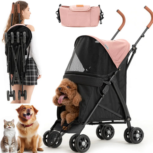 3 In 1 Folding Pet Stroller With Storage Basket And Cup Holder, Pink