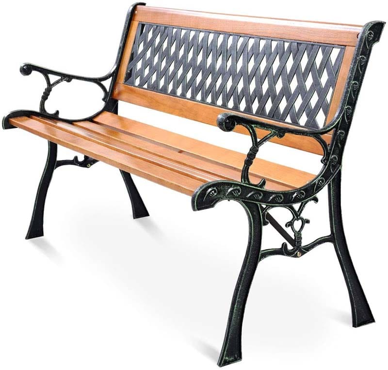 Cast Iron Outdoor Garden Bench, 49.5 x 20.5 x 29 in, Black + Natural