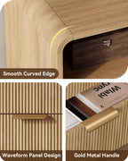 Fluted Nightstand Set Of 2 With Charging Station, 24 Inch, Natural Oak