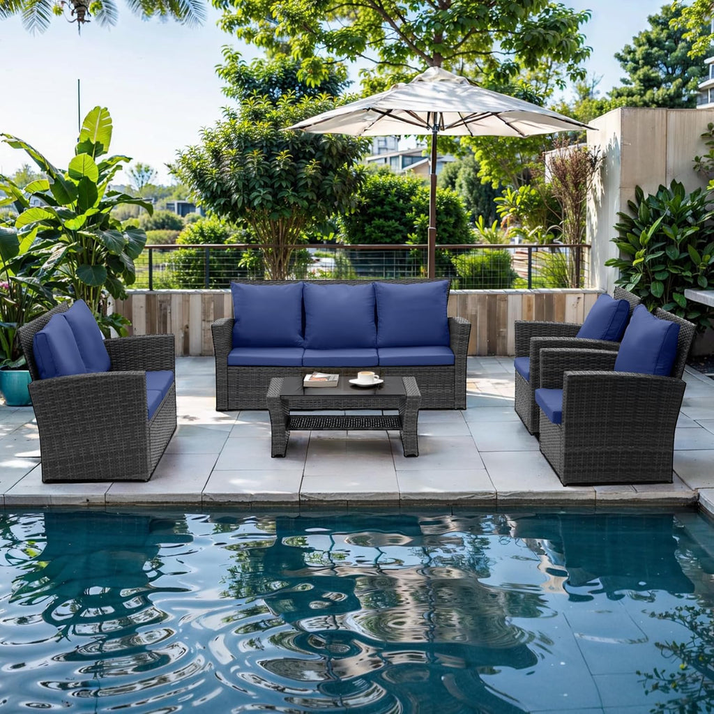 Wisteria Lane 4-Piece Outdoor Wicker Patio Conversation Set With Blue Cushions