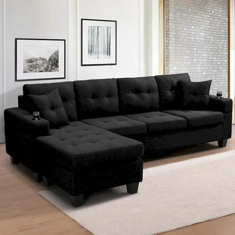 Contemporary L-Shaped Sectional Sofa With Cup Holders, Storage Chaise, Grey Or Black