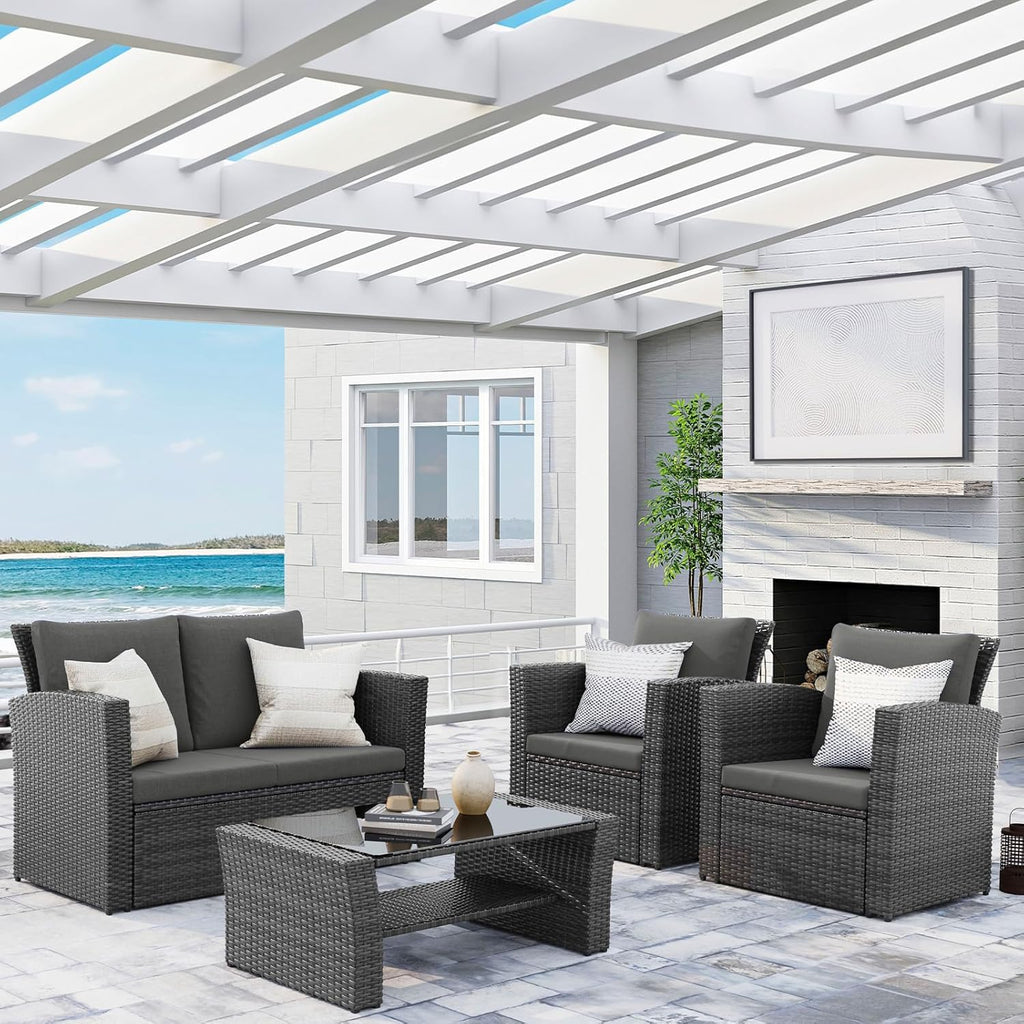 Wisteria Lane 4-Piece Outdoor Wicker Patio Conversation Set With Blue Cushions