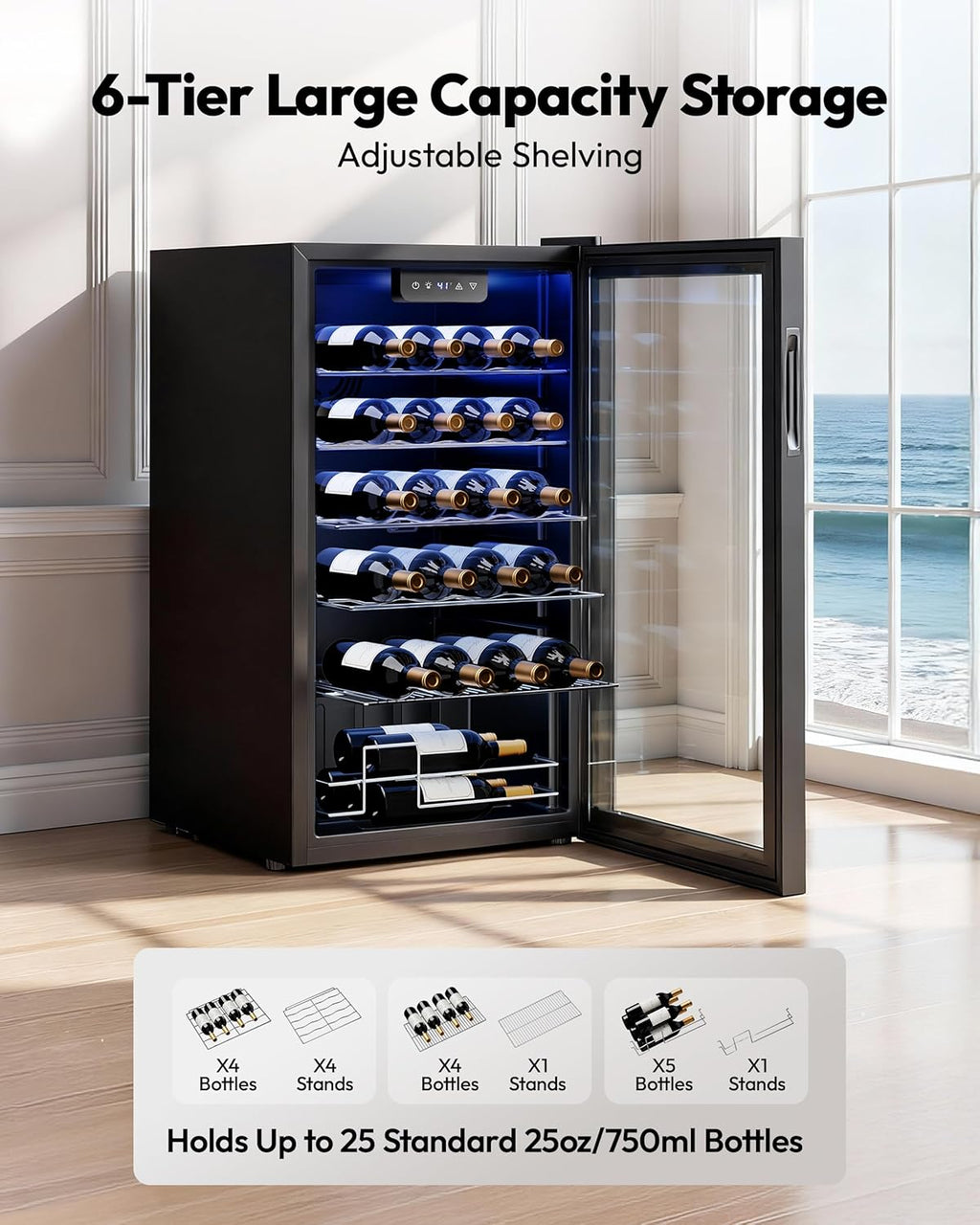 EUHOMY 25 Bottle Compressor Wine Cooler Refrigerator, Black, 18.7in D x 17.5in W x 31.3in H