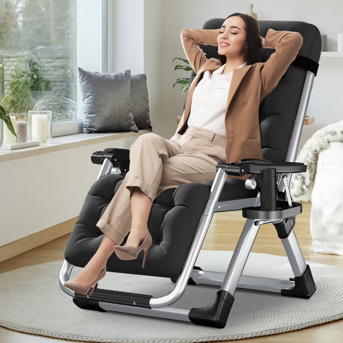 NAIZEA Zero Gravity Chair With Removable Cushion, Cup Holder, and Black Color
