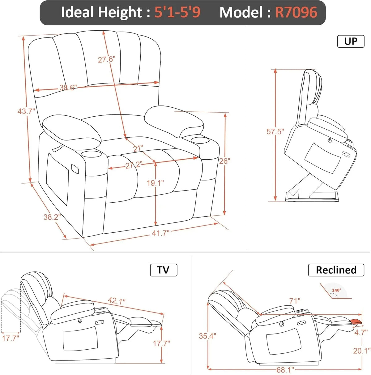 Heated Lift Recliner for Seniors with USB and Cup Holders