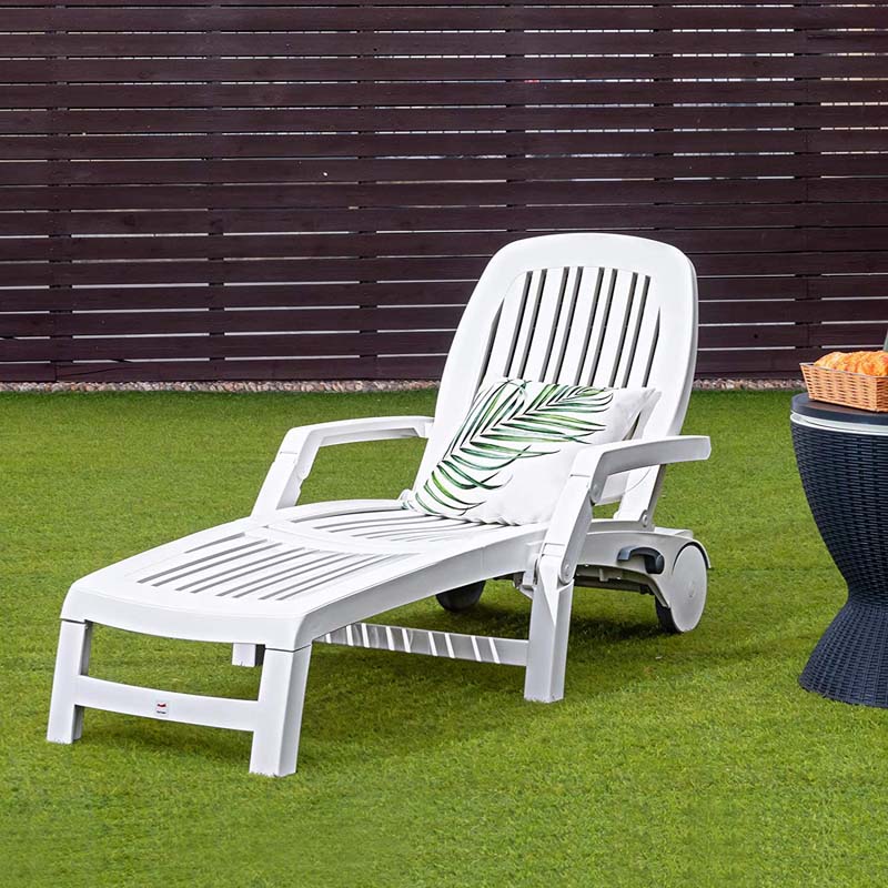 Folding Plastic Outdoor Chaise Lounge Chair With Wheels, 6-Position, 65.5 x 29 x 16.5-37 in, 330 lbs