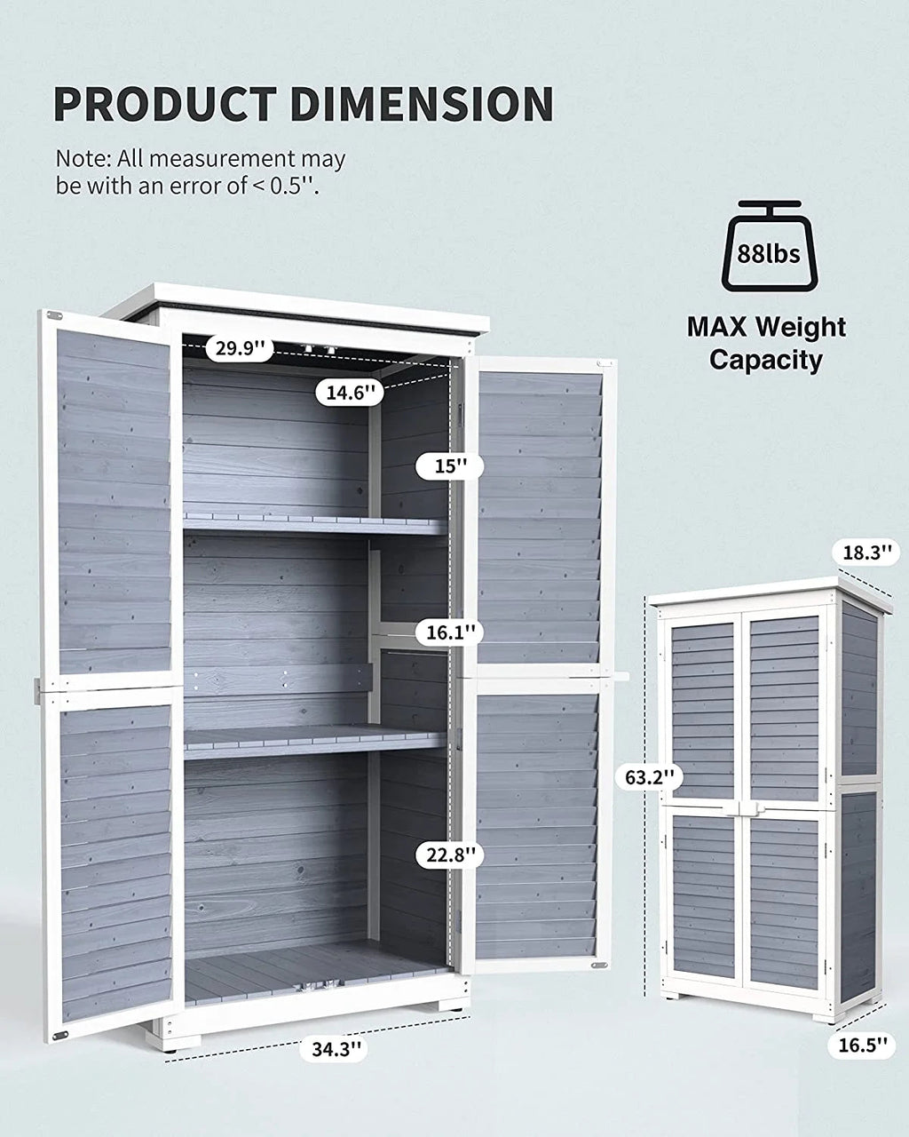 Lofka Outdoor Storage Cabinet With 2 Lockable Doors And 2 Adjustable Shelves, 34.3 x 18.3 x 63.2 in