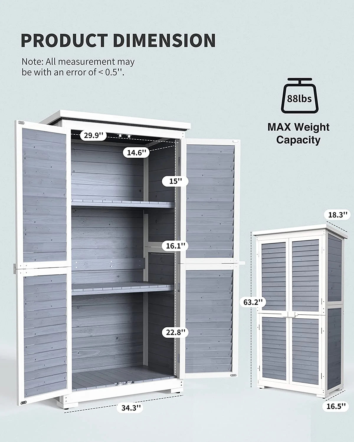 Lofka Outdoor Storage Cabinet With 2 Lockable Doors And 2 Adjustable Shelves, 34.3 x 18.3 x 63.2 in