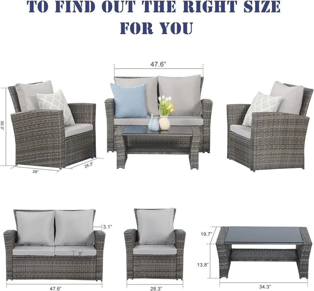 Wisteria Lane 4-Piece Outdoor Wicker Patio Conversation Set With Blue Cushions